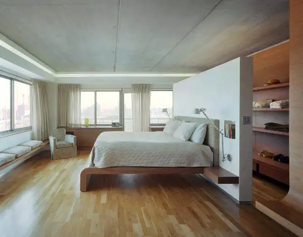 modern bedroom with wood floor