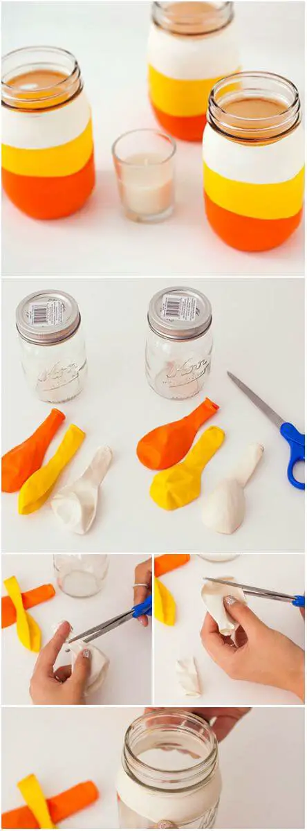 DIY Balloon-dipped Candy Corn Mason Jars