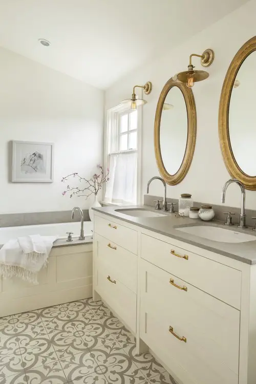 Matte gold is beautiful, transitional bathroom