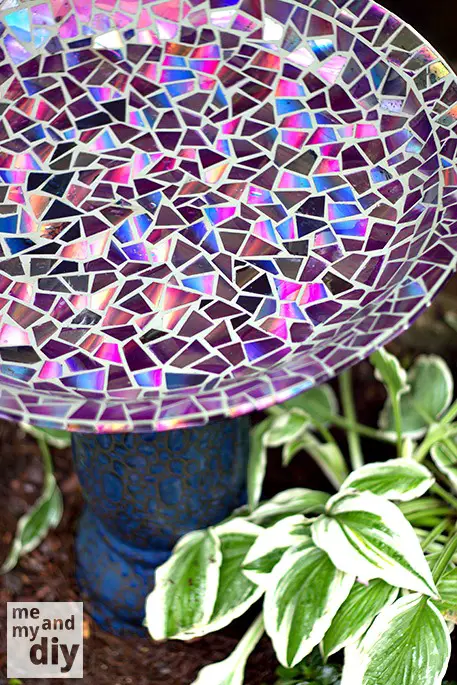 DIY Mosaic Tile Birdbath using Recycled DVDs