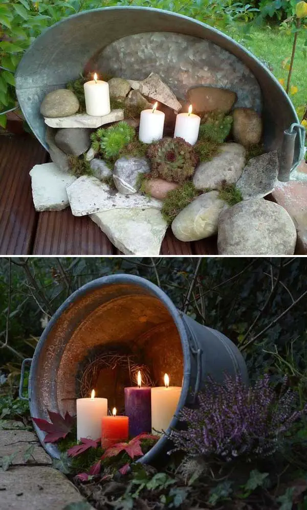 35+ AMAZING DIY Outdoor Lighting Ideas for the Garden, Candles in a Tub