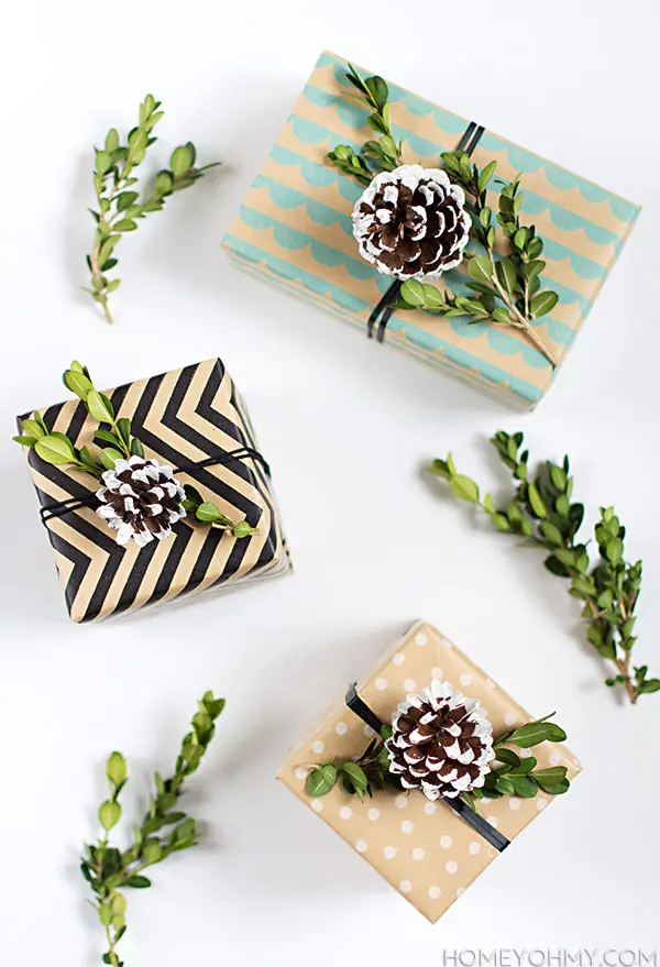 DIY Pinecone Boxwood Gift Toppers