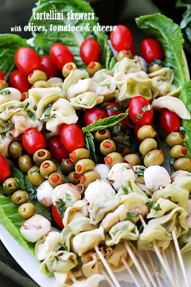 20+ Best Dinner Party Food Ideas - Easy Dinner Party Recipes, Tortellini Skewers with Olives Tomatoes and Cheese
