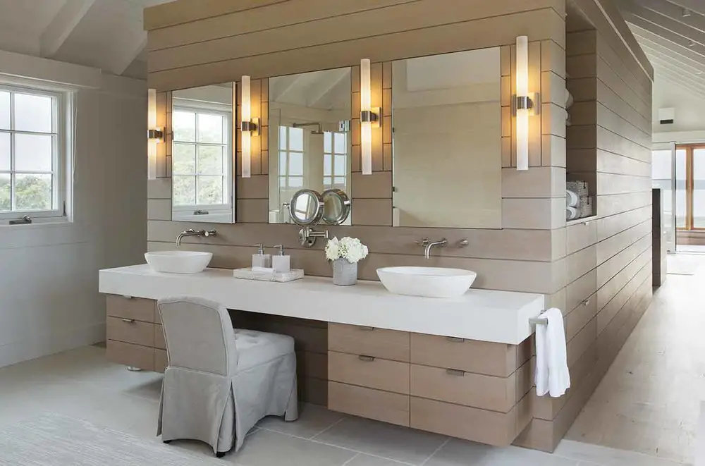 Bathroom with Big Mirrors, Beach Barn House in Massachusetts